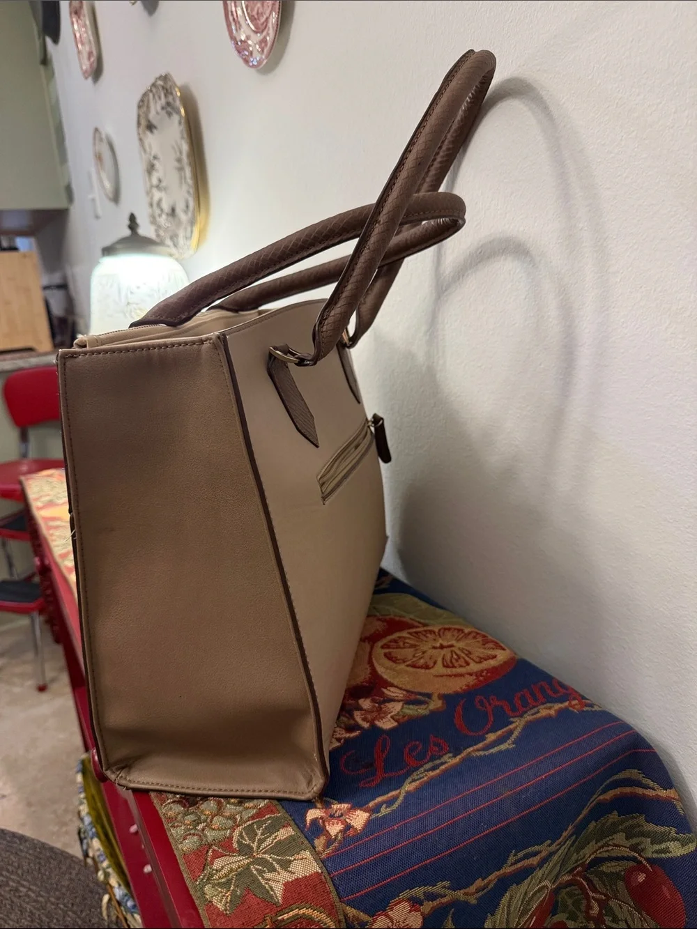 Two-Tone Beige and Cream Structured Tote Bag